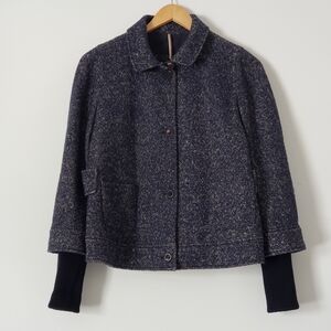 1308cad Piazza Sempione Alpaca Virginwool Navy Tweed Cropped blazer PeaCoat Sz40